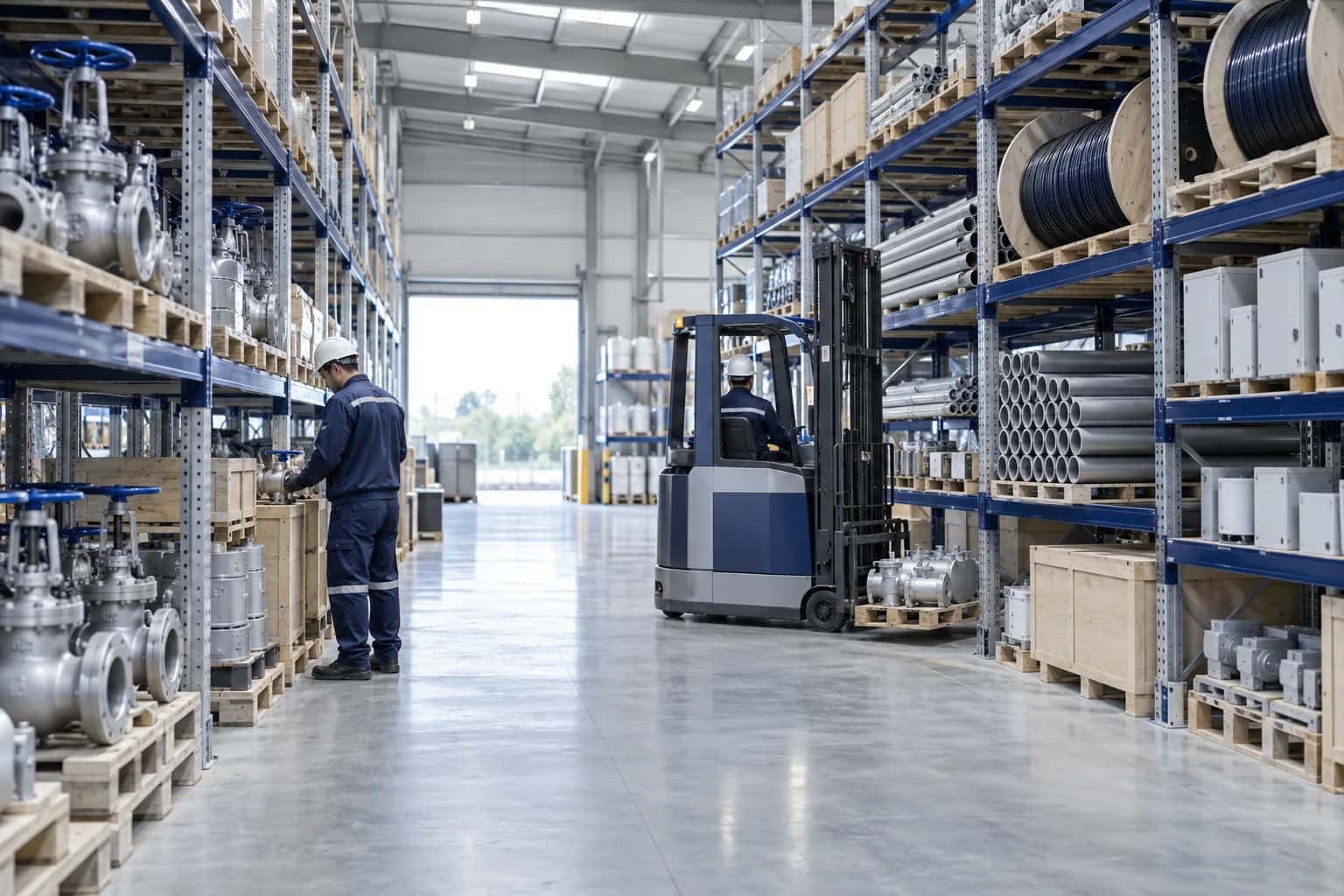 A forklift in a stocked industrial warehouse aisle